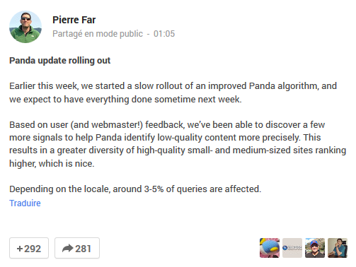 Annonce officielle du lancement de Google Panda 4