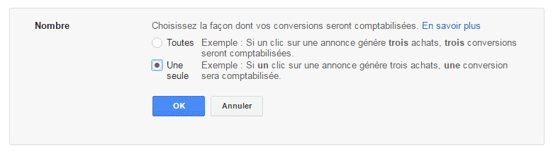 Choix dont les conversions sont comptabilisées