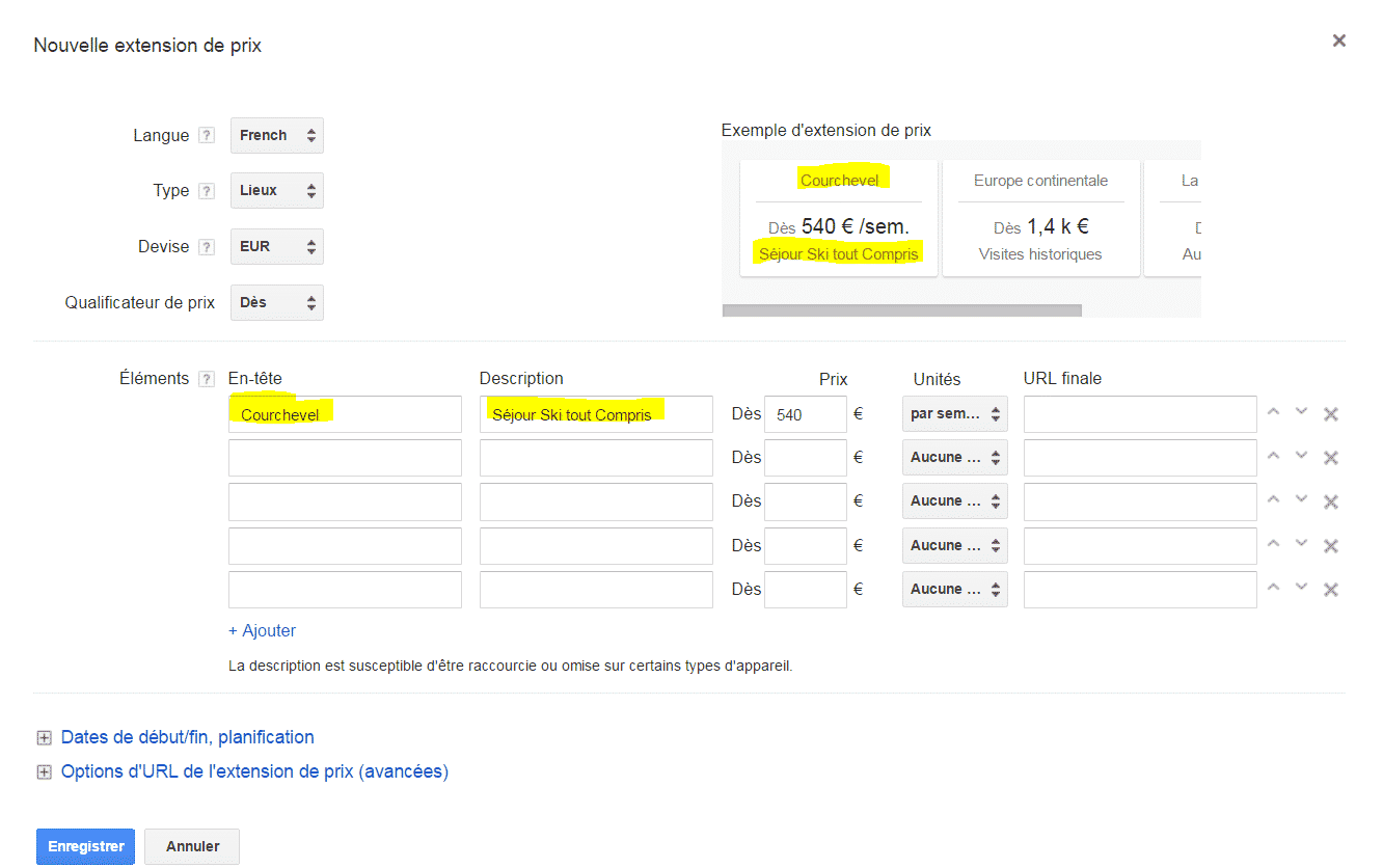 Paramétrage des extensions de prix