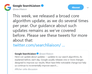 La communication de Google sur sa core update florida-2 sur twitter