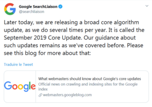 Communication google sur la "september 2019 core update"