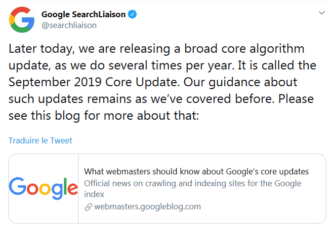 Communication google sur la "september 2019 core update"