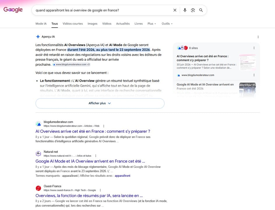 Quand appara&icirc;tront les AI Overviews Google en France ?  
Exemple AI Overviews sur Google.be 