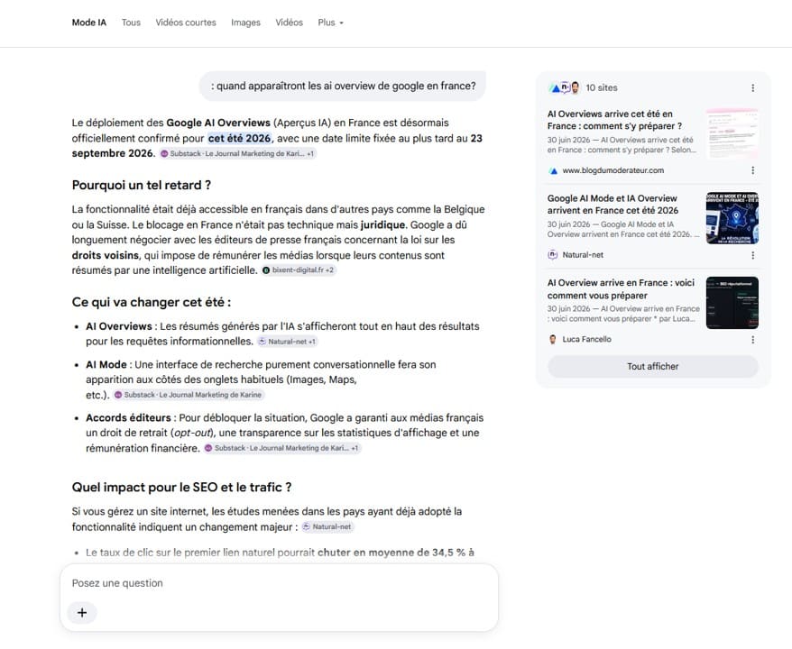 Quand appara&icirc;tront les AI Overviews Google en France ? Exemple AI Mode sur Google.be