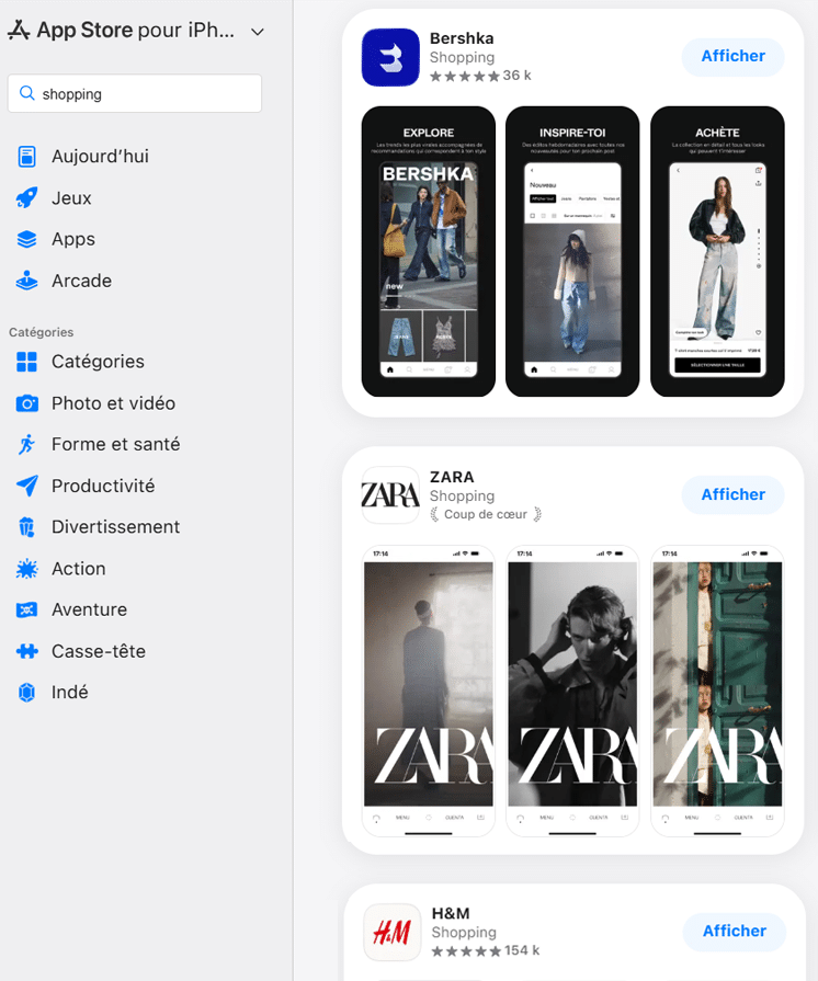Capture d&rsquo;&eacute;cran Applications Appstore